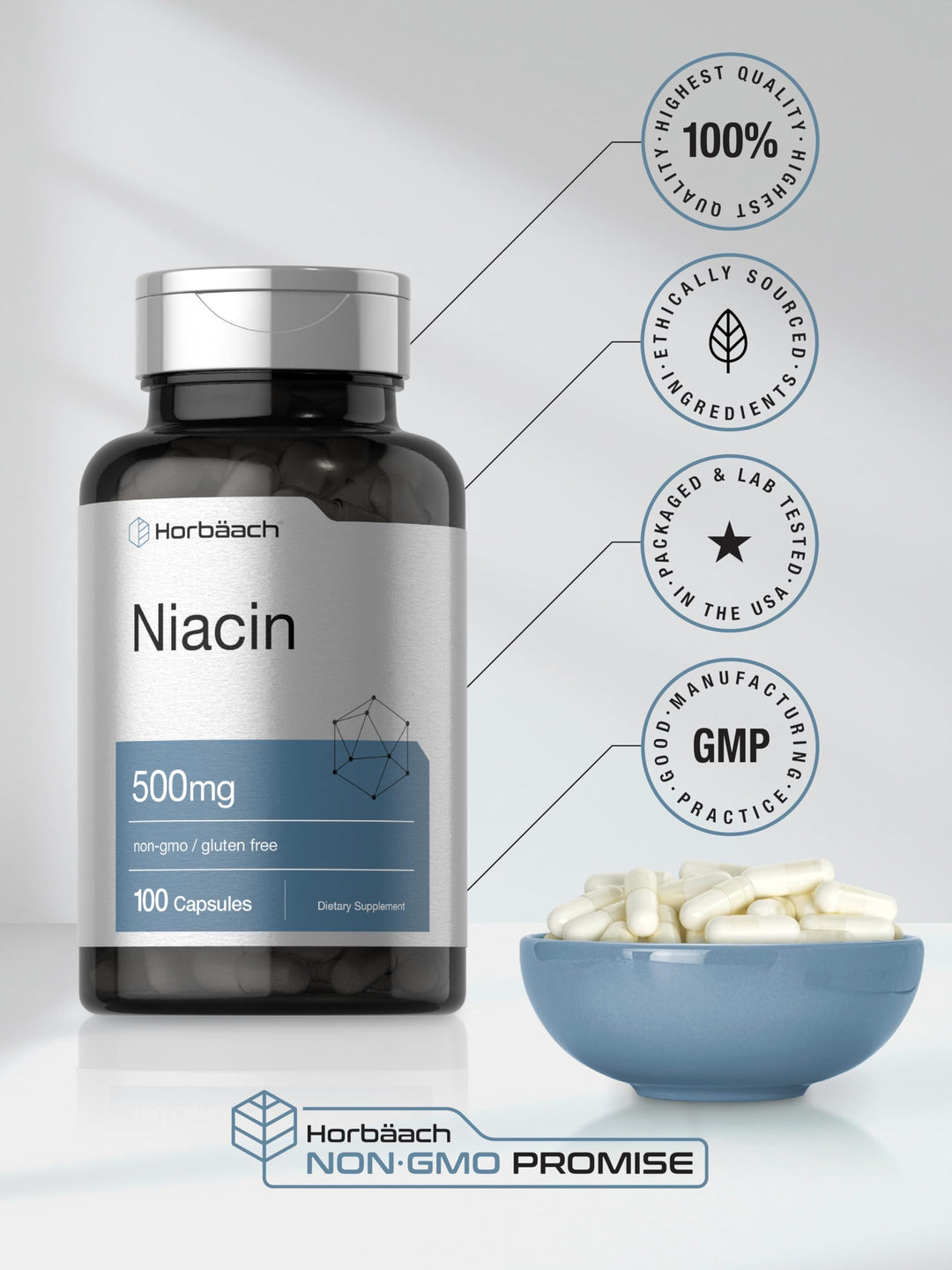 Horbäach Niacin Vitamin B3, 500 mg, 100 Count