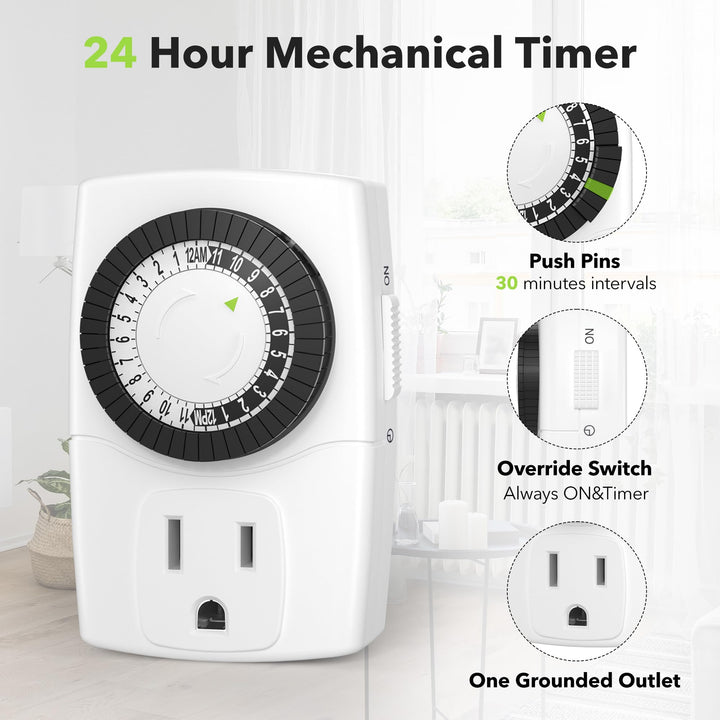 BN-LINK Indoor Mini Mechanical Outlet Timer, 3-Prong, 2-Pack