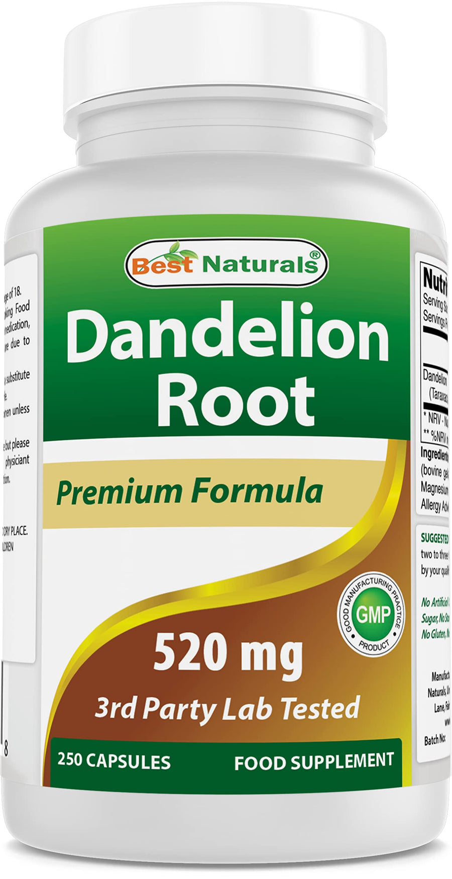 Best Naturals Dandelion Root Capsules, 520 mg, 250 Count