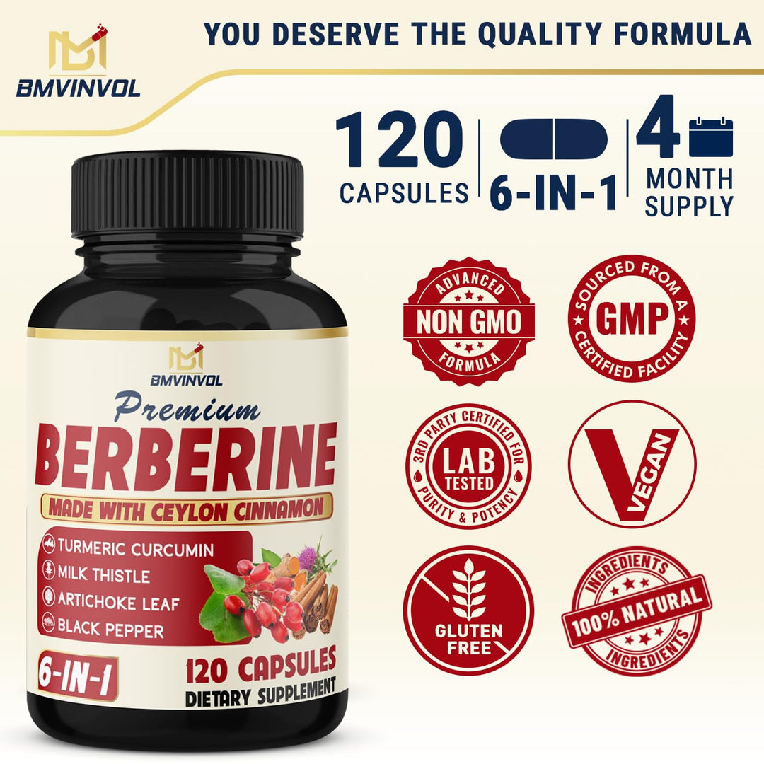 BMVINVOL 6 in 1 Berberine Supplement With Ceylon Cinnamon, Turmeric Root, Milk Thistle, Artichoke And Black Pepper, 120 Count