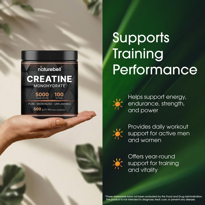 NatureBell Creatine Monohydrate Powder, 5000 mg, 500 g