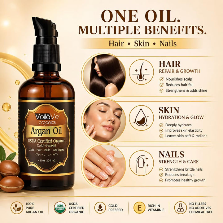 VoilaVe Organic Moroccan Argan Oil, 4 fl oz