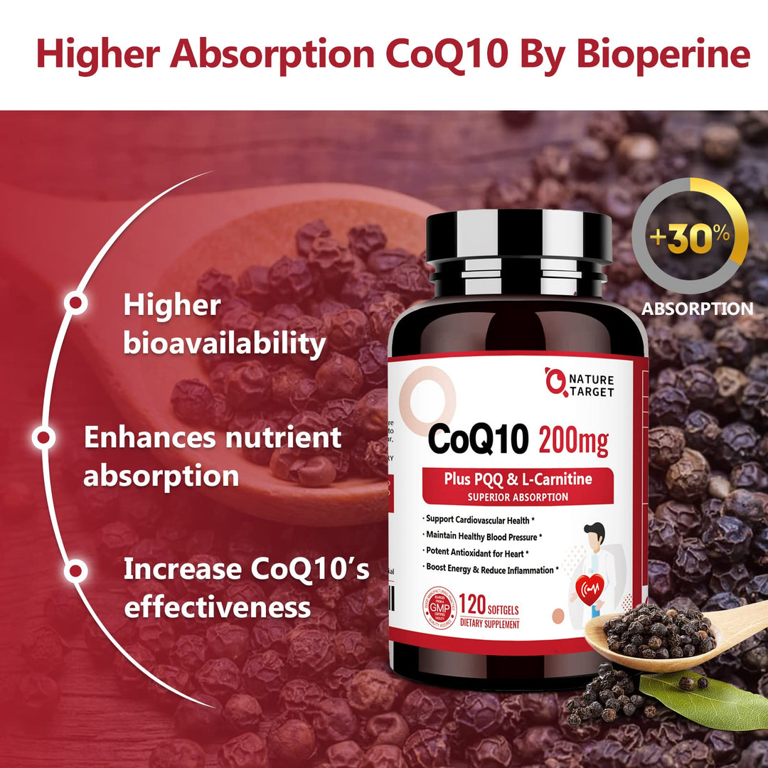 NATURE TARGET CoQ10 With PQQ L-Carnitine And Omega-3, 200 mg, 120 Count