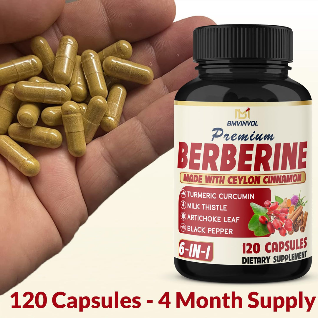 BMVINVOL 6 in 1 Berberine Supplement With Ceylon Cinnamon, Turmeric Root, Milk Thistle, Artichoke And Black Pepper, 120 Count