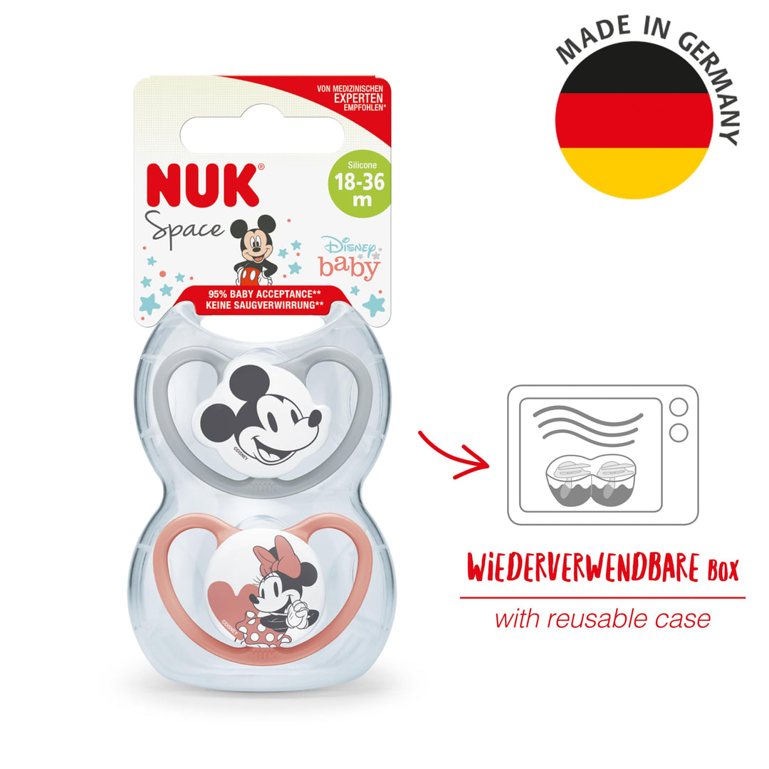 NUK Space Baby Dummy, 18-36 Months, Mickey & Minnie Mouse, 2 Count