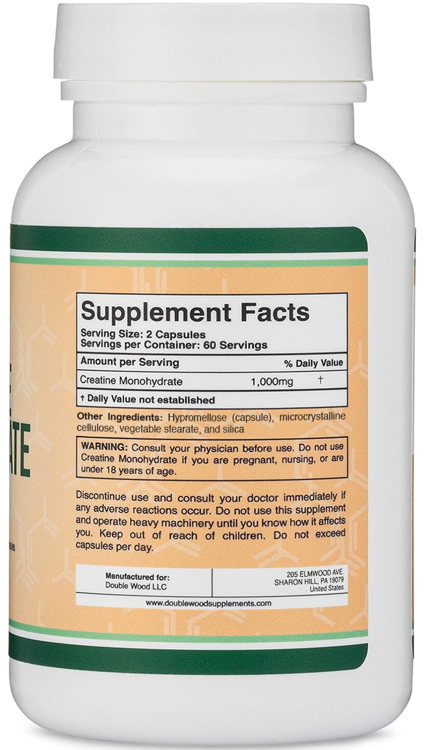 Double Wood Supplements Creatine Monohydrate Capsules, 1,000 mg, 120 Count