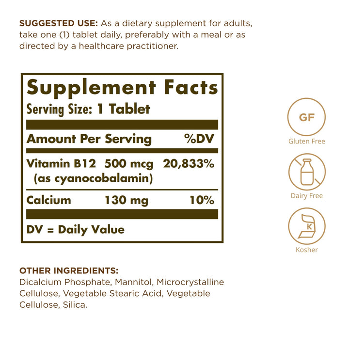 Solgar Vitamin B12 Tablets, 500 mcg, 100 Count