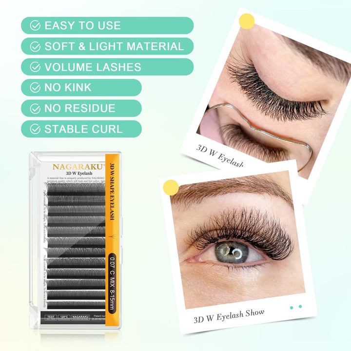 NAGARAKU 3D Lash W Premade Fans Volume Lash Extension, 0.07mm D Curl, 8-15mm Mix