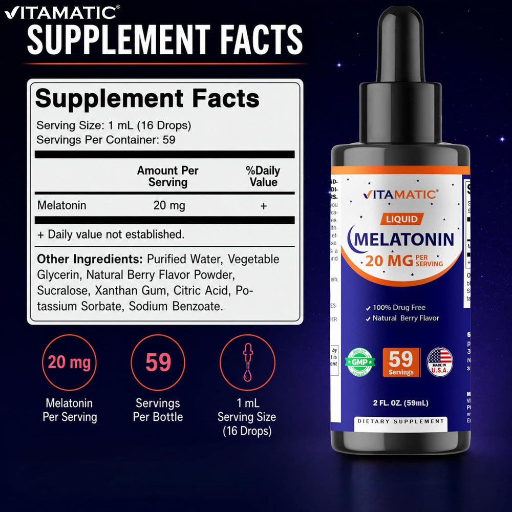 Vitamatic Melatonin 20 mg Liquid Drops, Natural Berry Flavor, 2 fl oz, Pack of 2