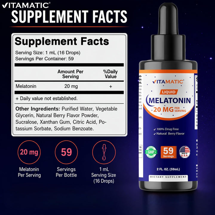 Vitamatic Melatonin 20 mg Liquid Drops, Natural Berry Flavor, 2 fl oz, Pack of 2