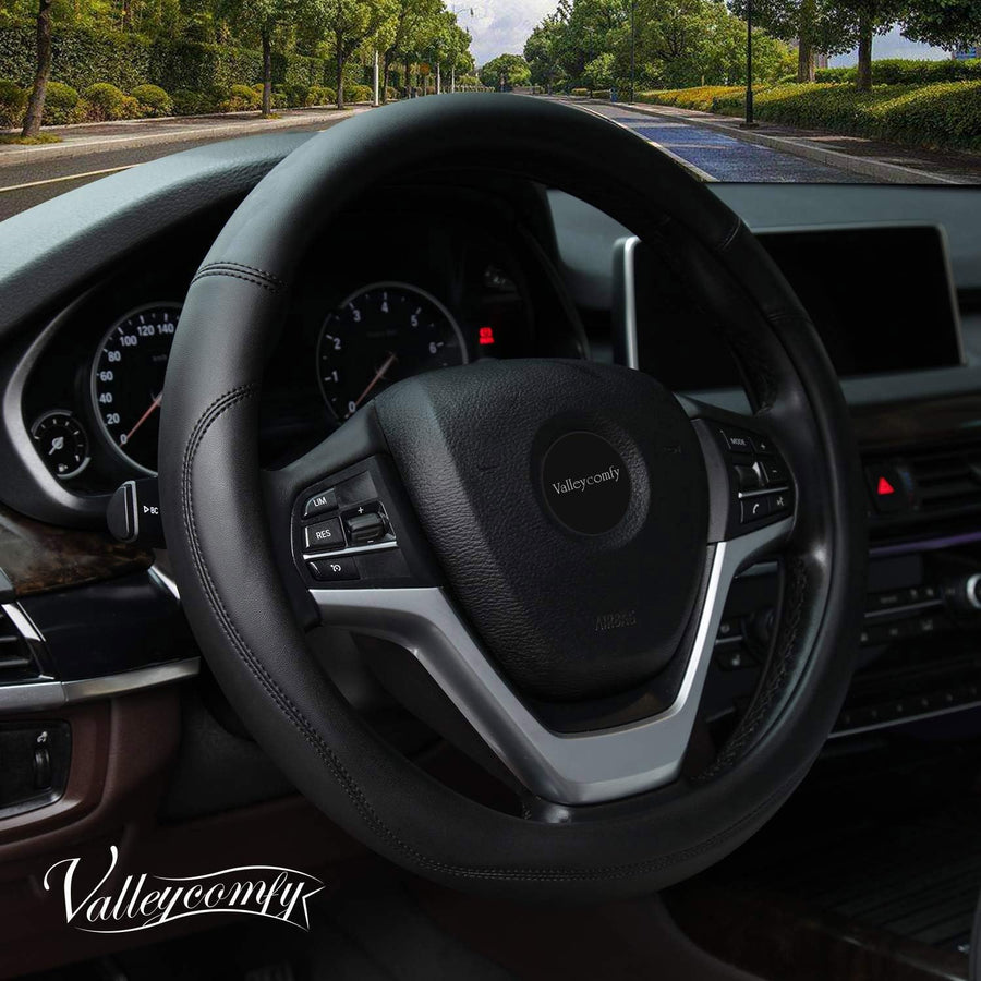 Valleycomfy Microfiber Leather Steering Wheel Cover, Black, 15 in