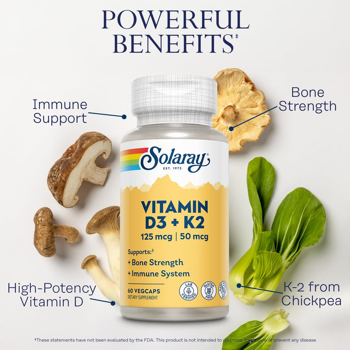 SOLARAY Vitamin D3 K2 Capsules, 60 Count