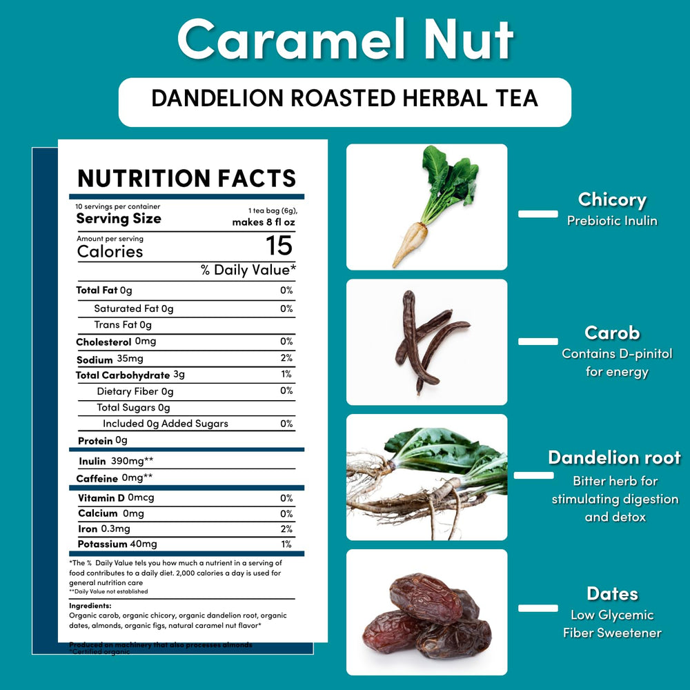 Teeccino Dandelion Caramel Nut Herbal Tea, 10 Count