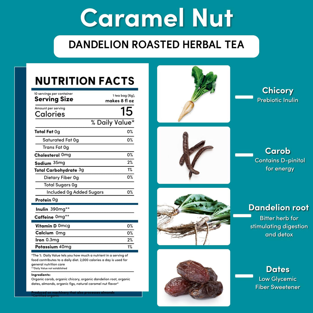 Teeccino Dandelion Caramel Nut Herbal Tea, 10 Count