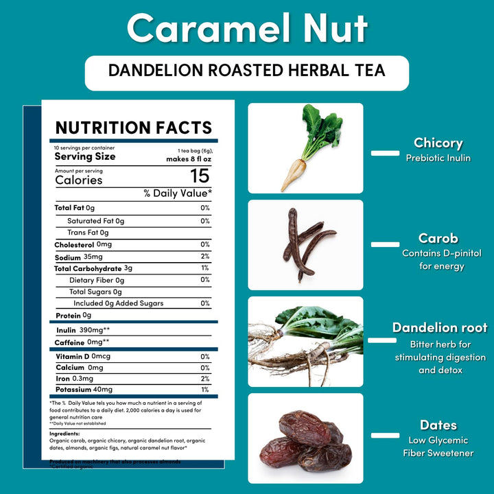 Teeccino Dandelion Caramel Nut Herbal Tea, 10 Count