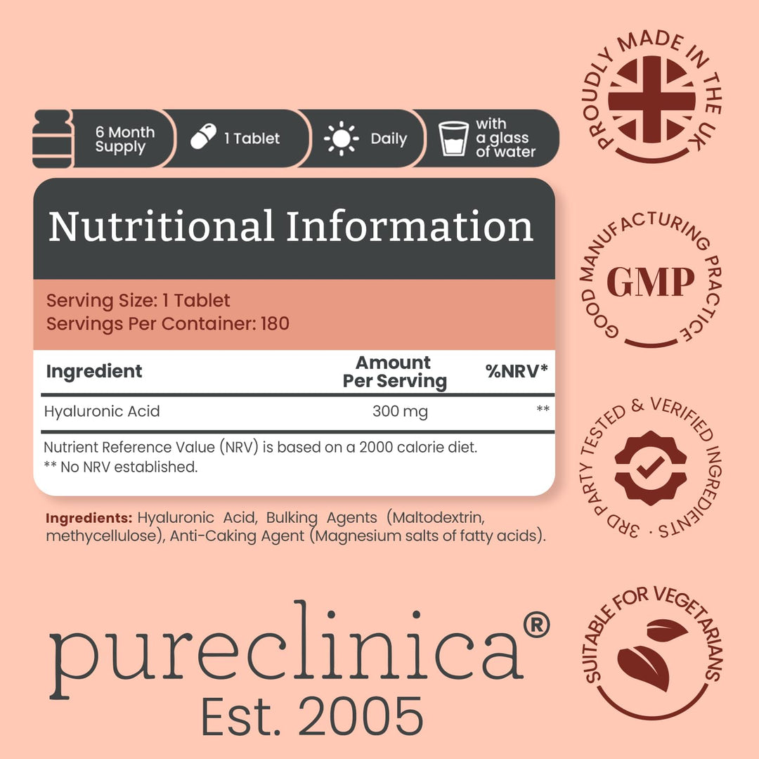 Pureclinica Hyaluronic Acid Tablets, 300 mg, 180 Count