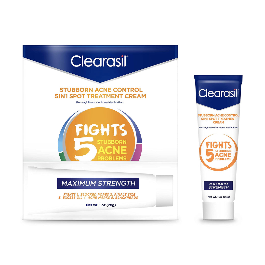 Clearasil Stubborn Acne Control 5in1 Spot Treatment Cream, Maximum Strength, 10% Benzoyl Peroxide, 1 oz