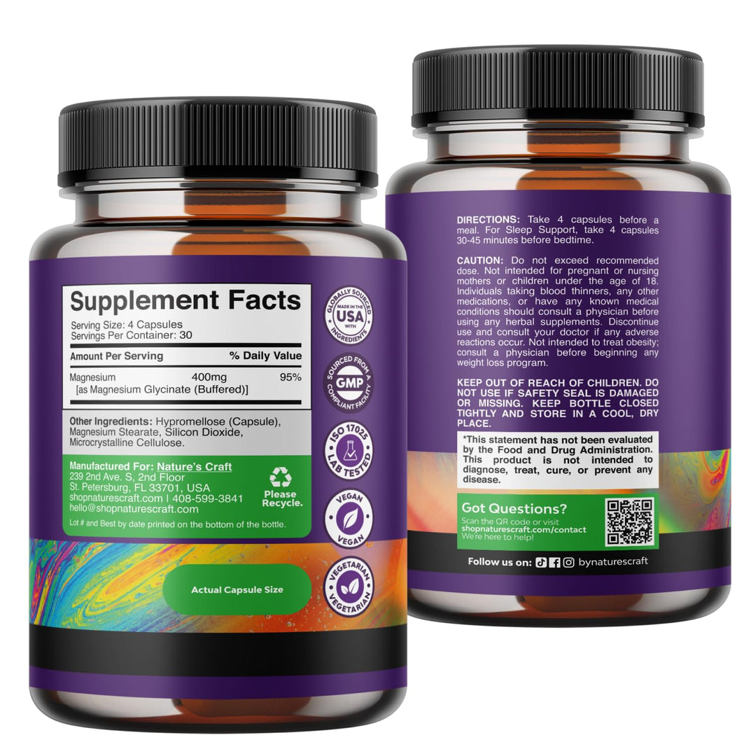 Natures Craft Magnesium Glycinate 400 mg Capsules, 120 Count