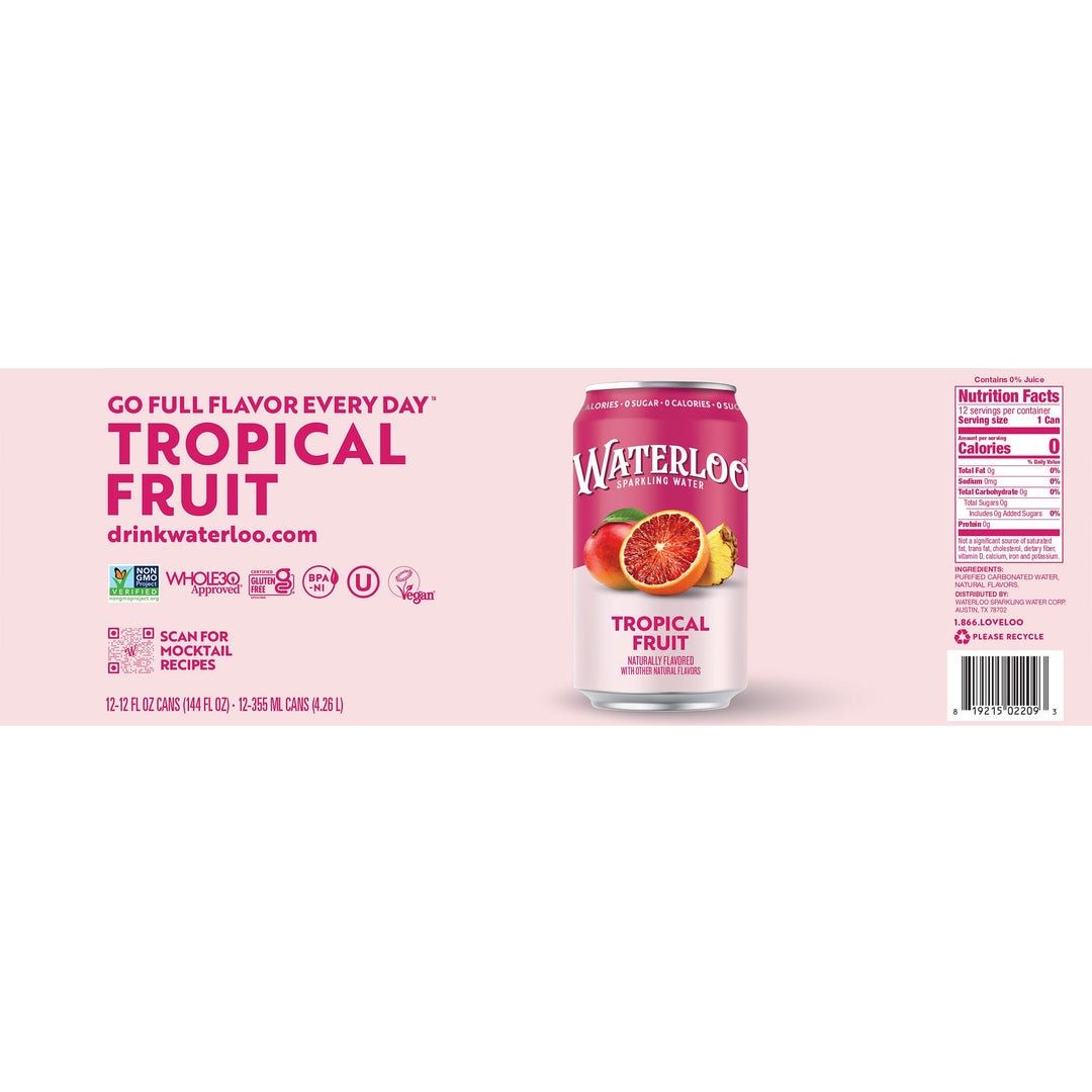 Waterloo Sparkling Water, Tropical Fruit, 12 fl oz, Pack of 12