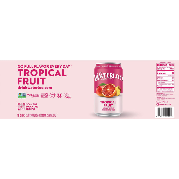 Waterloo Sparkling Water, Tropical Fruit, 12 fl oz, Pack of 12