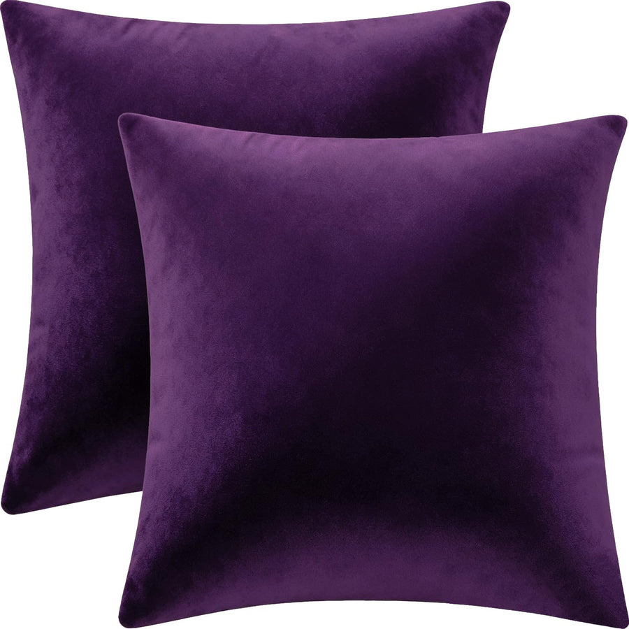 Bunliuys Velvet Throw Pillow Cover, Eggplant Purple, 18x18 in, Pack of 2