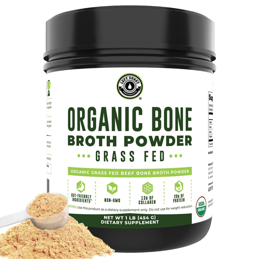 Left Coast Performance Organic Grass Fed Beef Bone Broth Protein Powder, Unflavoured, 470 ml