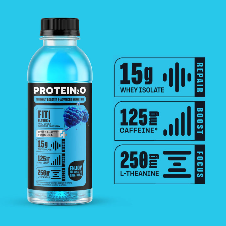 Protein2o Whey Protein Infused Water Plus Energy, Blueberry Raspberry, 16.9 fl oz, Pack of 12