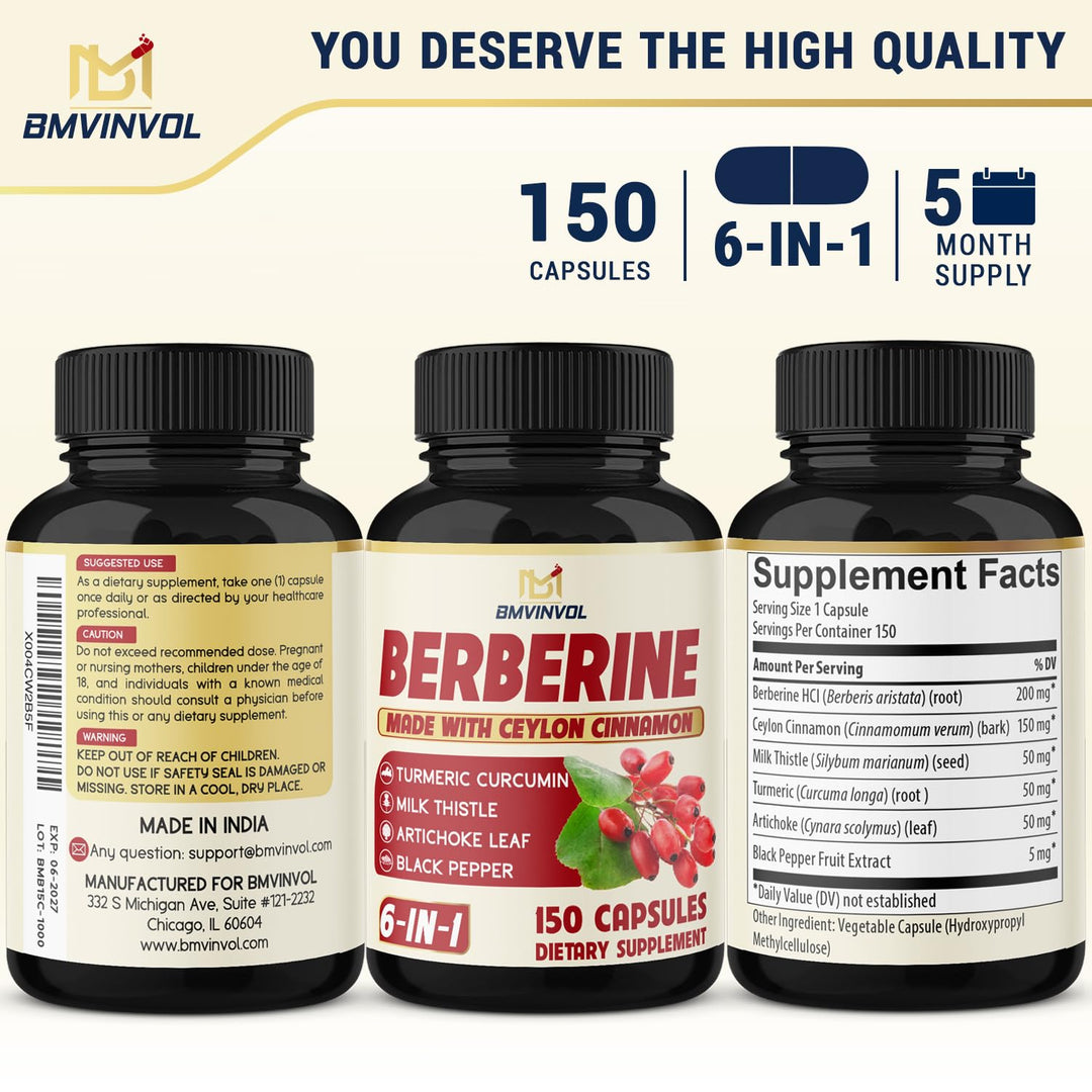 BMVINVOL Berberine Supplement With Ceylon Cinnamon, Turmeric, Milk Thistle, Artichoke And Black Pepper, 150 Count