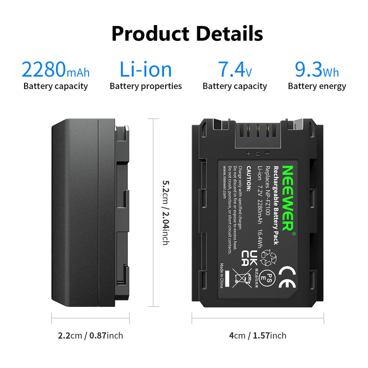 NEEWER NP-FZ100 Replacement Battery, 2280mAh