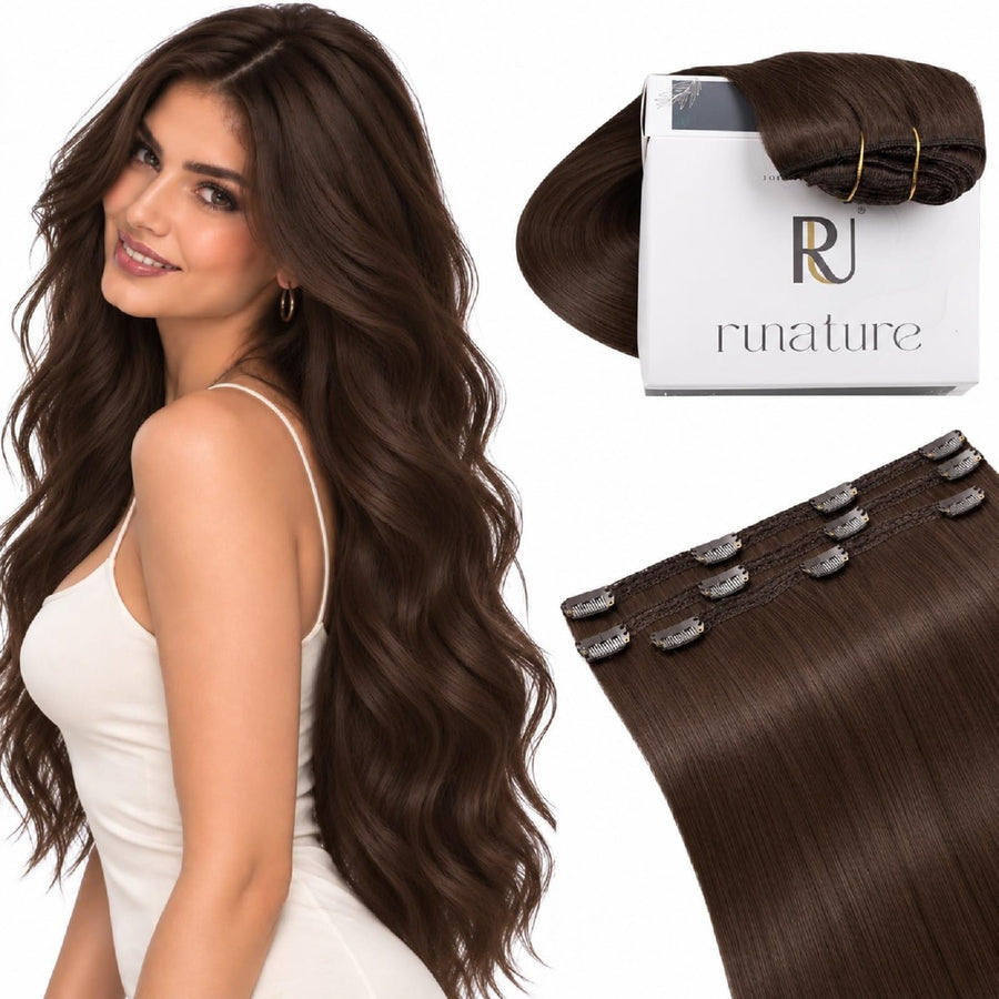 RUNATURE Real Human Hair Extensions, Medium Brown, 14 in, 60 g, 3 Count