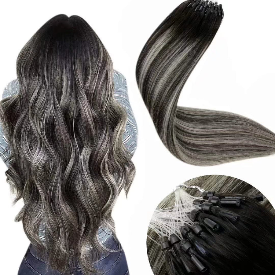 LaaVoo Micro Bead Hair Extensions, Off Black to Grey Silver, 16 Inch