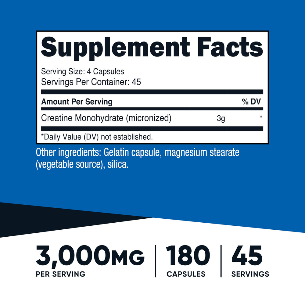 Nutricost Creatine Monohydrate Capsules, 3000 mg, 180 Count