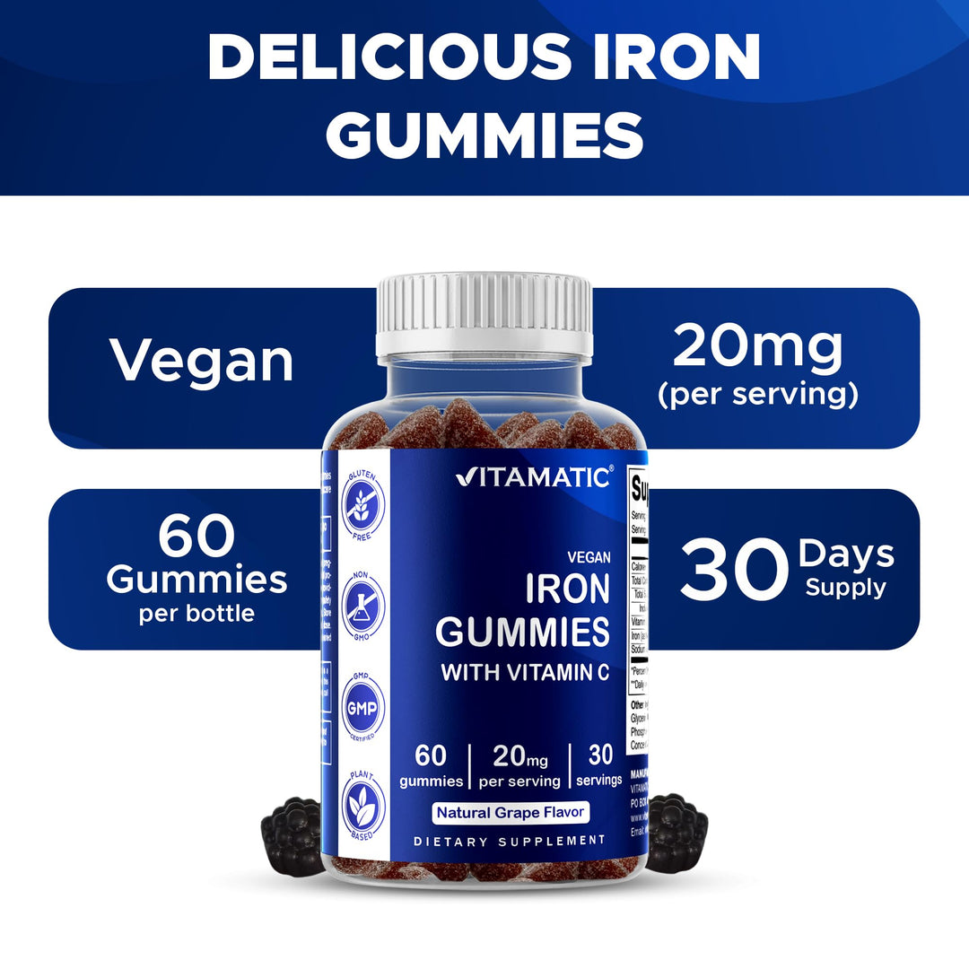 Vitamatic Vegan Iron With Vitamin C, Grape, 60 Count