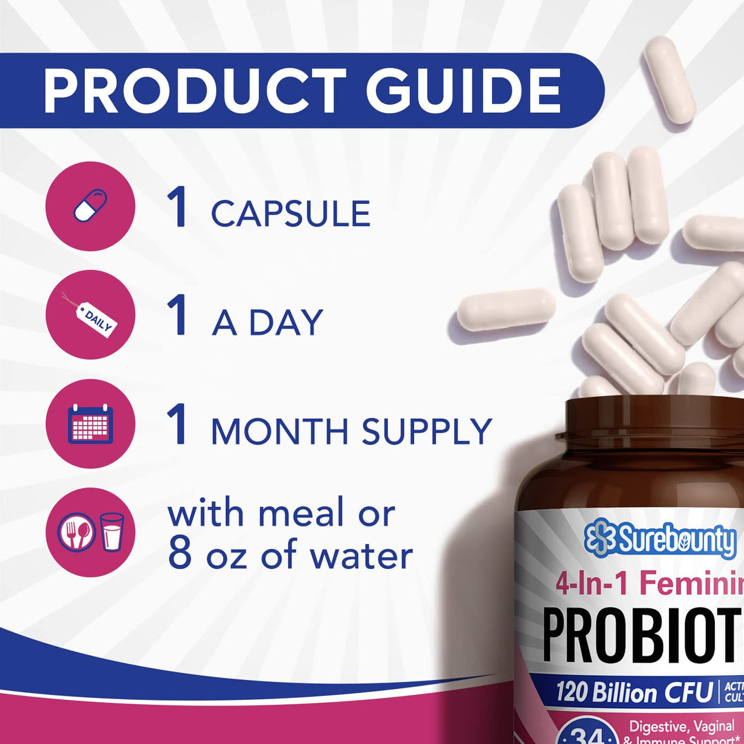 Surebounty 4-in-1 Feminine Probiotic, 120 Billion CFU, 30 Count