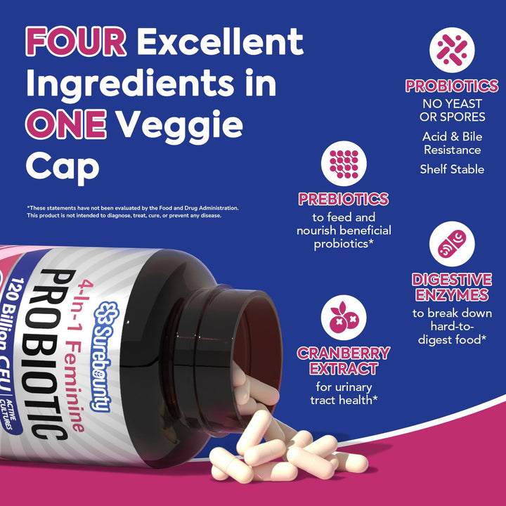 Surebounty 4-in-1 Feminine Probiotic, 120 Billion CFU, 30 Count