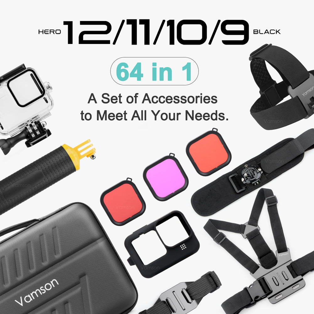 Vamson Accessories Kit for GoPro Hero 12 11 10 9, 64 Count