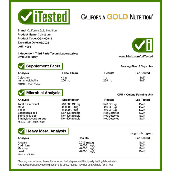 California Gold Nutrition Colostrum Concentrated Bovine Pre-Milk Supplement, 240 Count
