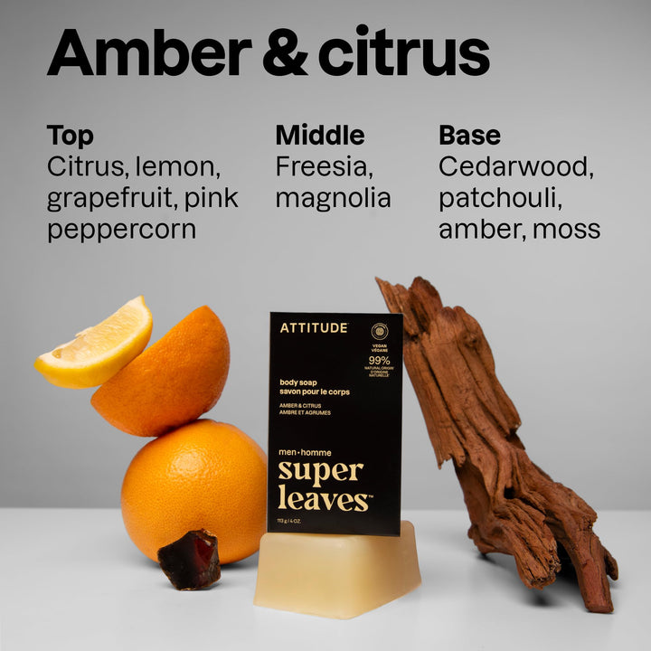 ATTITUDE Men's Body & Face Bar Soap, Amber & Citrus, 4 oz