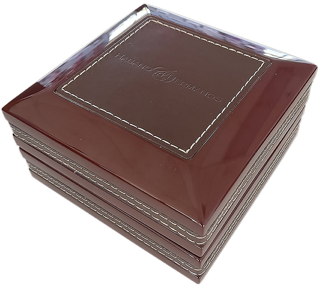 Habanosy Hermanos Compact Ash Tray with Cutter and Punch, Walnut with Leather, 4.75 in x 4.75 in x 2.8 in