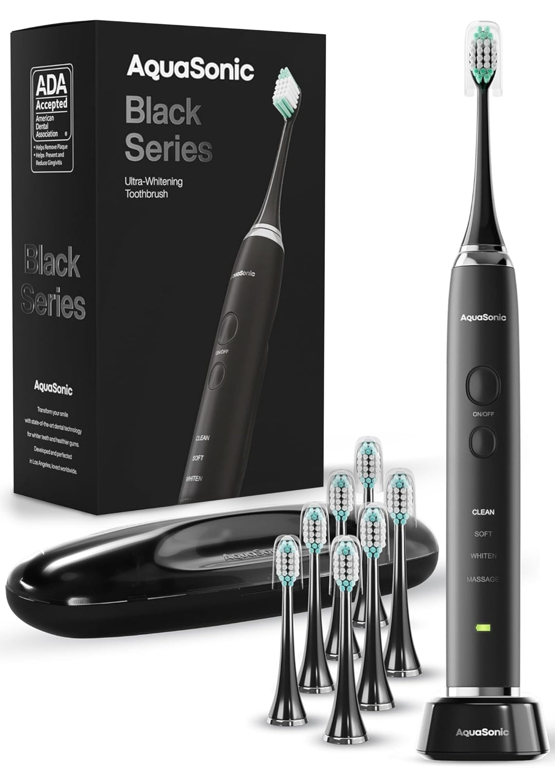 Aquasonic Black Series Ultra Whitening Toothbrush, Black, 8 Count