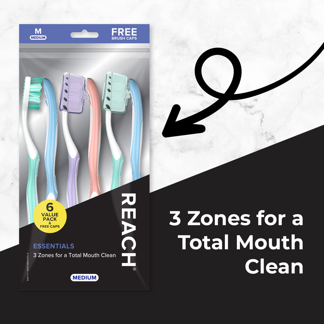 REACH Essentials Toothbrush, Medium Bristles, 6 Count