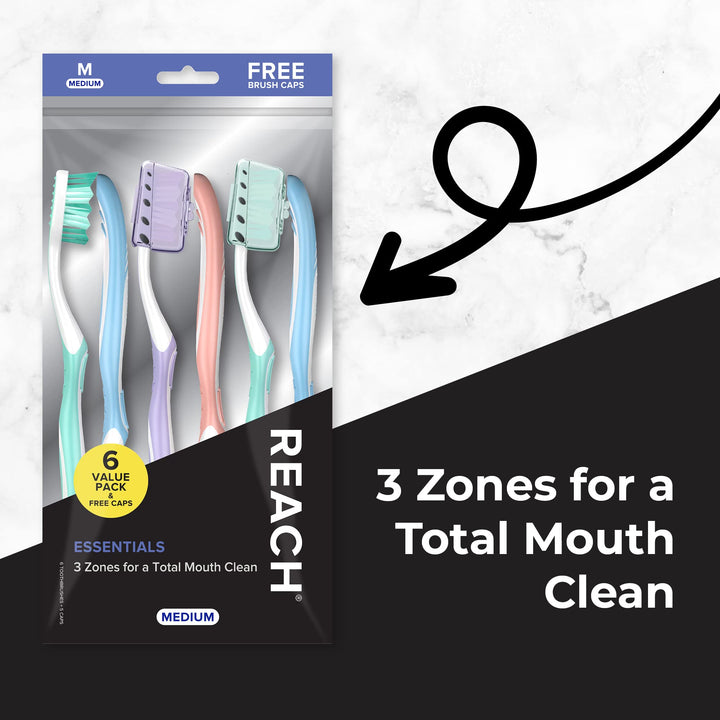 REACH Essentials Toothbrush, Medium Bristles, 6 Count