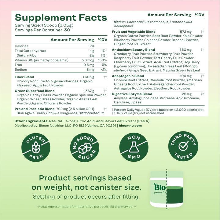 Bloom Nutrition Superfood Greens Powder, Strawberry Kiwi, 30 Servings