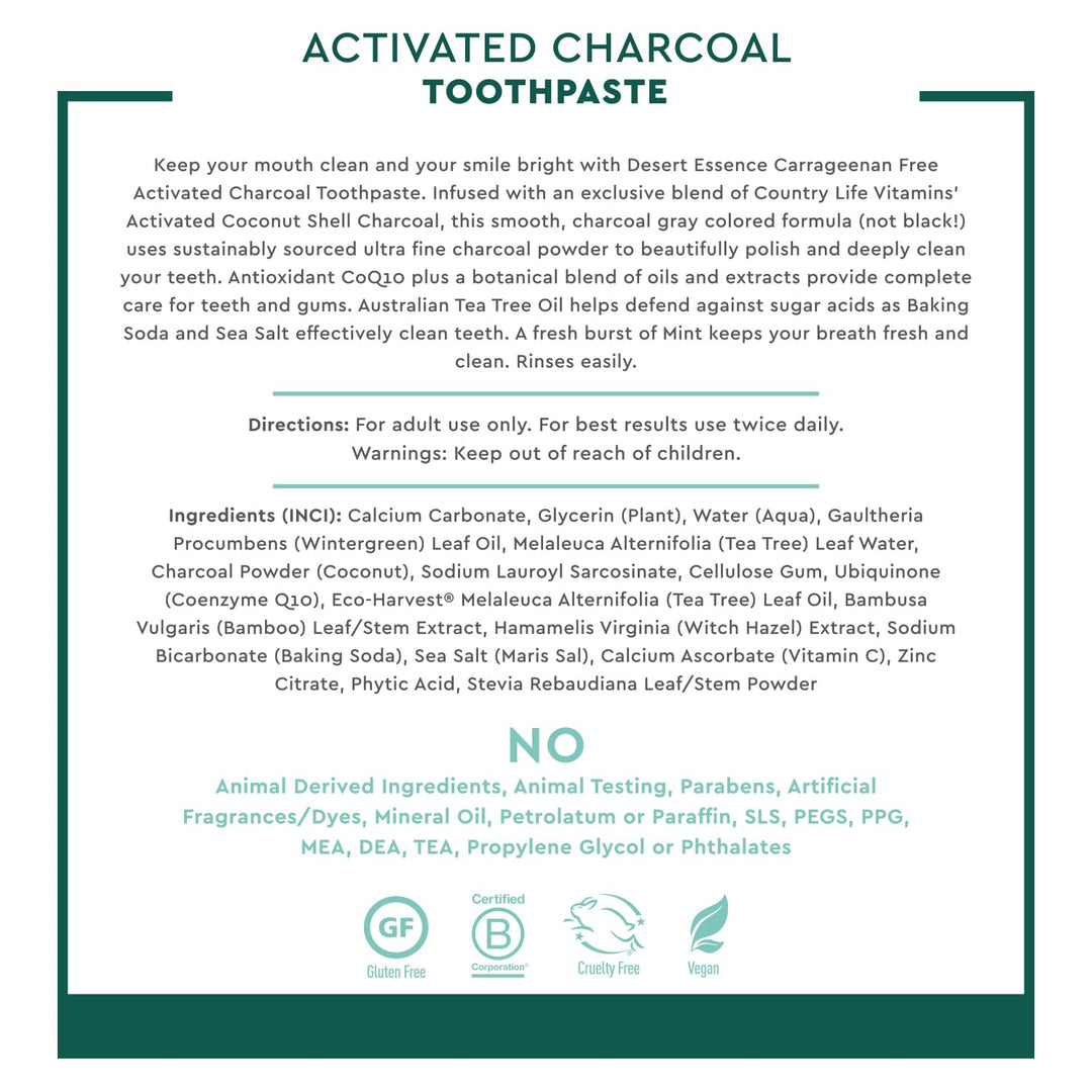 Desert Essence Activated Charcoal Toothpaste, Fluoride Free, 6.25 oz
