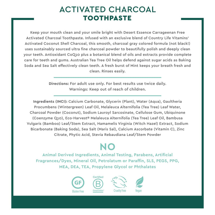 Desert Essence Activated Charcoal Toothpaste, Fluoride Free, 6.25 oz