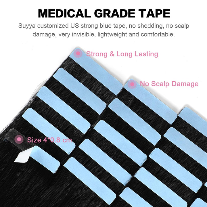 SUYYA Tape in Hair Extensions Human Hair, Jet Black, 12 inches 20 Count