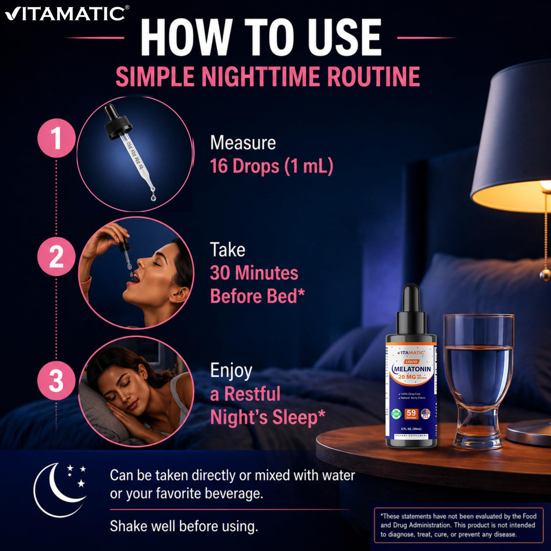 Vitamatic Melatonin 20 mg Liquid Drops, Natural Berry Flavor, 2 fl oz, Pack of 2