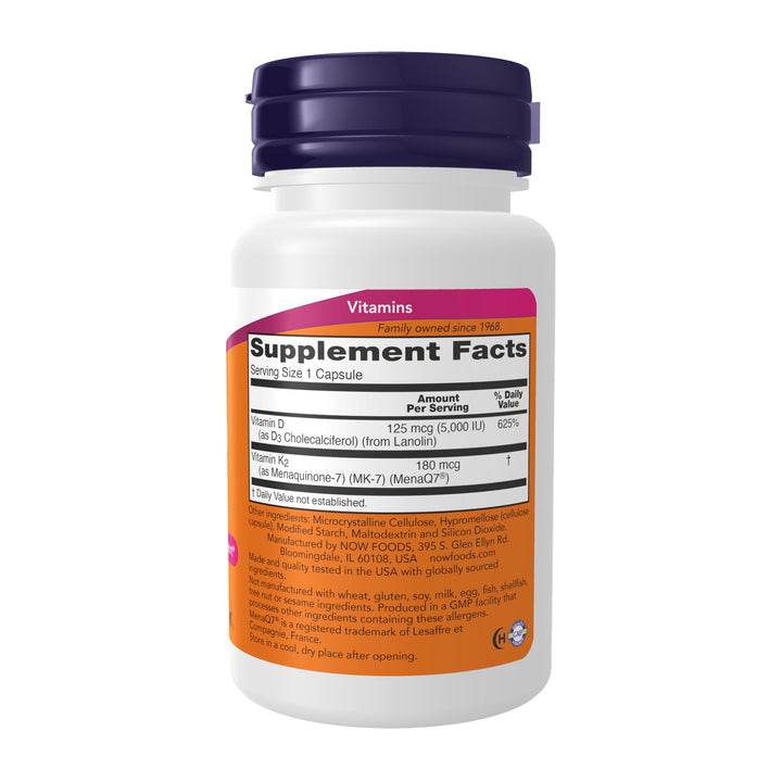 NOW Mega D-3 & MK-7 Vitamin D-3 & K-2, 60 Count