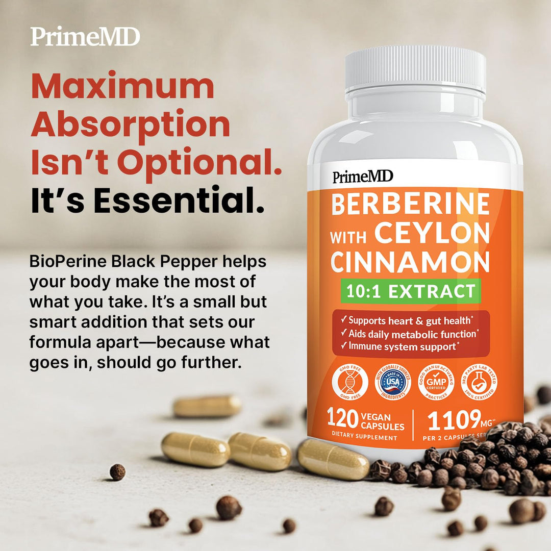 PrimeMD Berberine Supplement With Ceylon Cinnamon, 1500 mg, 120 Count