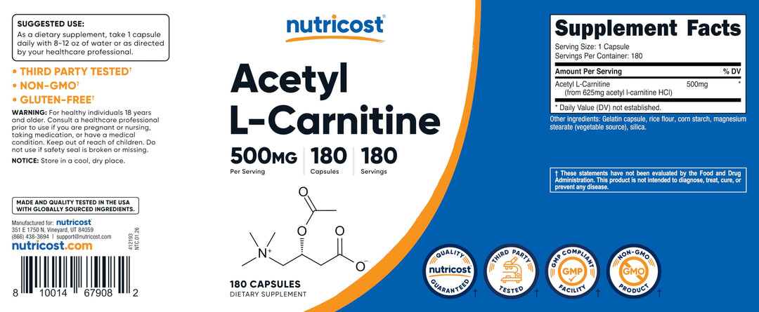 Nutricost Acetyl L-Carnitine, 500 mg, 180 Count